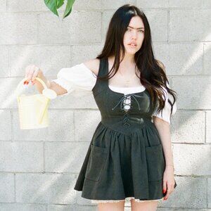 NWT Fashion Brand Company Green Linen Farm Chores Mini Dress Forest Size M